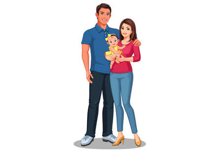 Beautiful illustration of father and mother with daughter. Happy familyのイラスト素材