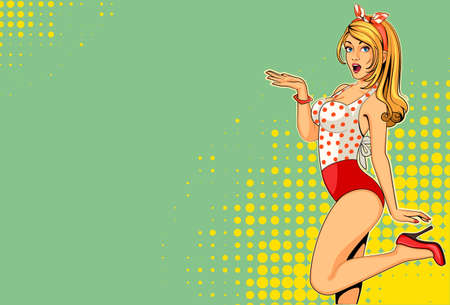 Beautiful excited pin up girl vector illustration in pop art styleのイラスト素材