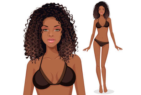Beautiful curly hair american African fashion model in bikiniのイラスト素材