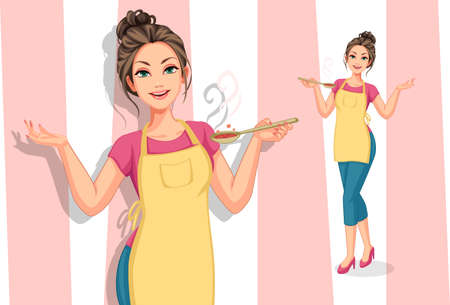 Beautiful women in cooking apron holding a spoon vector illustrationのイラスト素材