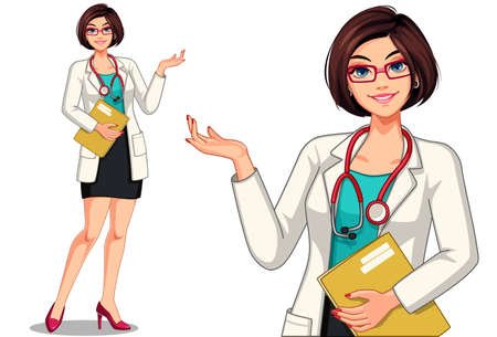 Beautiful young lady doctor with stethoscope and apron in standing position vector illustration 2のイラスト素材