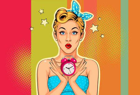 Beautiful pin up girl with alarm clock vector illustration in pop art styleのイラスト素材