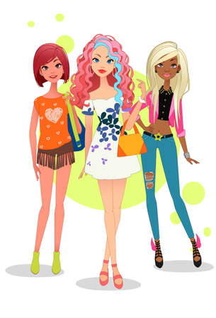 Group of three stylish girls vector illustrationのイラスト素材