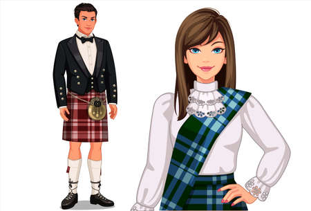 Vector illustration of Scottish couple with traditional outfitのイラスト素材