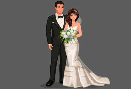 Vector illustration of beautiful wedding couple, bride and groom in standing position. Bride holding bouquetのイラスト素材