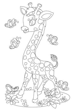 Cute giraffe playing with butterflies drawing to colorのイラスト素材