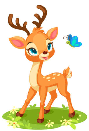 Cute baby deer looking at butterflyのイラスト素材
