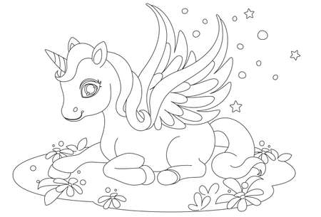 Cute baby unicorn fantasy drawing to colorのイラスト素材
