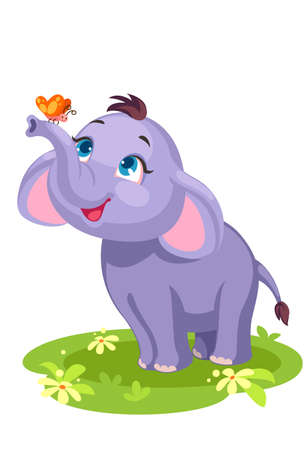Cute baby elephant and butterfly outline drawing to colorのイラスト素材