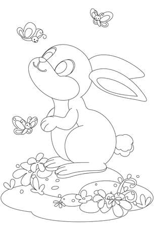 Cute rabbit with butterfly cartoon outline drawing to colorのイラスト素材