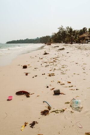 Dirty beach full of trash in Thailand Asiaの写真素材