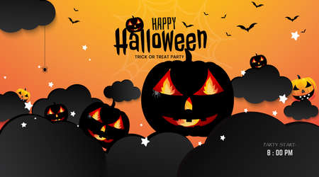 Happy Halloween vertical yellow background with black pumpkins and black clouds,  bats Flying over the text happy Halloween,  concept for invitation template for Halloween party. Vector illustration.のイラスト素材