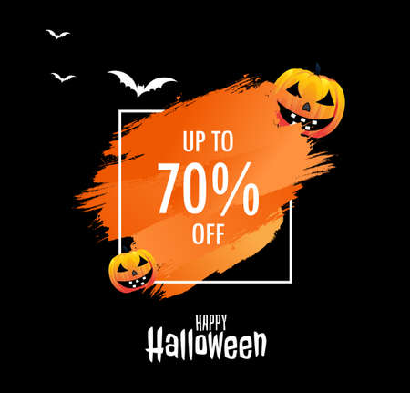 Happy Halloween Sale banners concepts vector, with lettering and background. Pumpkins, bats, drawn elements. Great for voucher, offer, coupon, holiday sale. vector illustration.のイラスト素材