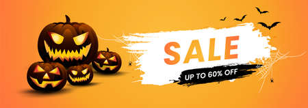 Halloween Sale concept with Halloween pumpkins, and Scary bats with spider wrap and SALE Text, Halloween banners, Flyer or invitation template, Brochures, Poster or Banner.Vector illustration