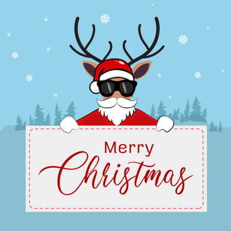 Santa Claus reindeer carry Happy Christmas banner, Happy Christmas on snowflakes on blue background, reindeer hand carrying merry Christmas greeting, Vector illustration Christmas template.のイラスト素材