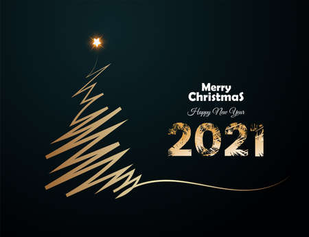 Golden Chrismas tree as line with star on dark background, used in banner sparkling lights firework. Abstract Sparklers for celebration. Magic light. Happy new year, Merry Christmas concept.のイラスト素材