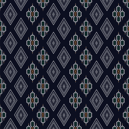 Geometric ethnic texture embroidery triangle design on dark blue background or wallpaper.