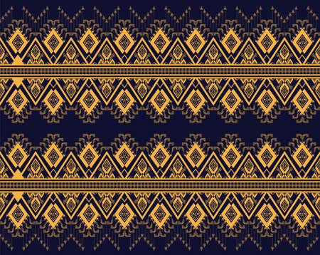 Yellow Geometric ethnic texture embroidery design with dark blue background design, skirt,wallpaper,clothing,wrapping,fabric,sheet, triangle shapes Vector, illustration pattern designのイラスト素材