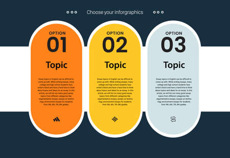 THREE Steps and 3 colors of infographic Process in dark blue, yellow Circles option banners on white background and Infographic template with Three Opions or steps vector, illustrationのイラスト素材
