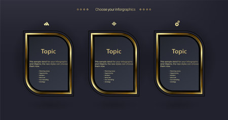 THREE Vector multipurpose Infographic template with four elements options with premium golden version on a dark background and 3 golden infochart template with luxury golden iconsのイラスト素材