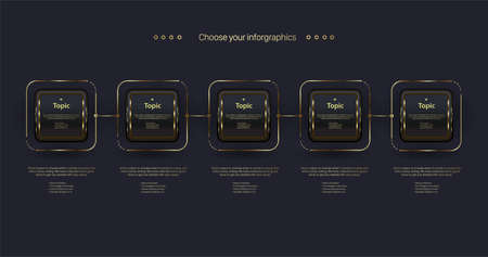 The Best Dark Luxury Steps buttons Infographic with FIVE options process, a golden rectangle objects chart on dark background, workflow design for business and finanial elementsのイラスト素材