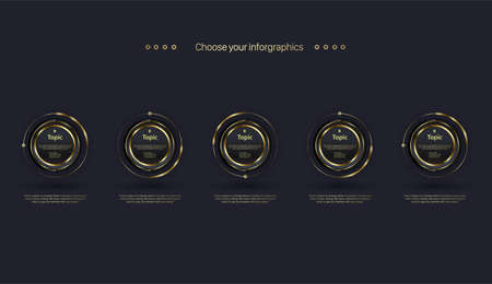 5 Steps buttons Timeline infographics design. and with modern luxury elements circles. Five premium levels Business concept chart in work flow and steps, annual report or presentation. Vector illustraのイラスト素材