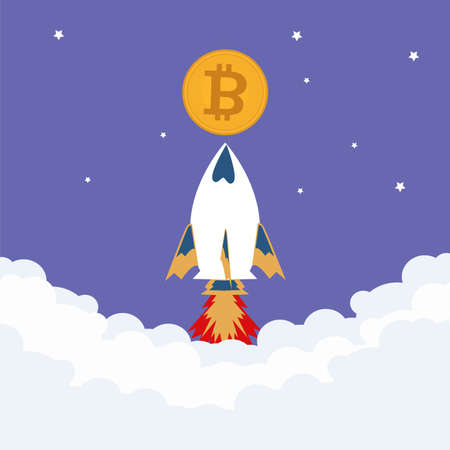 Bitcoin Blockchain Concept trading to the moon, Crypto banner, bitcoin Vector and illustration locket go up to the moon, making investments for bitcoin breakoutのイラスト素材
