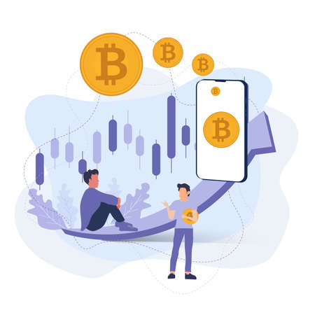 Two men trading on cypto chart, holding bitcoins currency on up trend arrow and chart design, abstract Arrow on white background, crypto currency concept, payments Vectorのイラスト素材