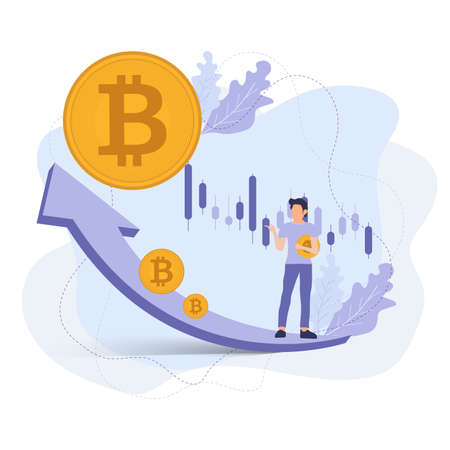smart man holding bitcoins currency on up trend arrow, purple color of illustration abstract on white background, crypto concept, payments Vector, illustration designのイラスト素材