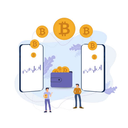 Rating Crypto currency. with 2 people trading and investing. ModernBitcoin, altcoin. Digital web money. Blockchain. Fintech industry. Business, finance. flat cartoon styleのイラスト素材