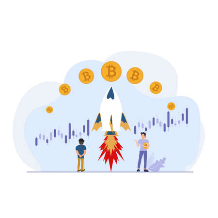 Two men trading on cypto chart, holding bitcoins currency on up trend arrow and chart designのイラスト素材