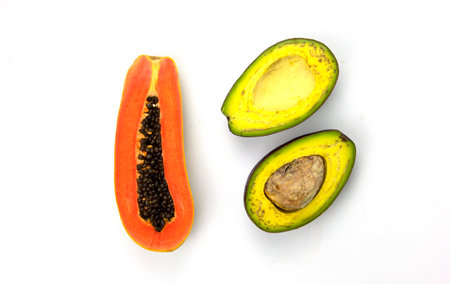 Set of Papaya and avocado slice isolated on white background, used for Healthy food concept, top...