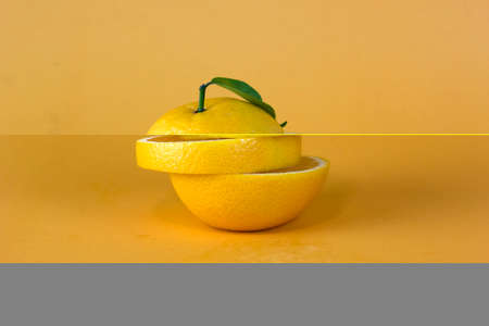 Lemon fruit slice in layers isolated on yellow backgroundの写真素材