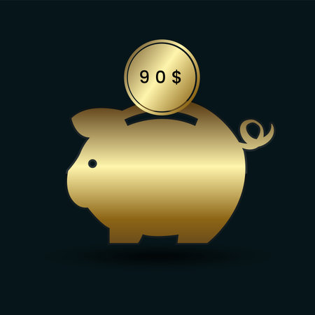 90 USD gold coin put in golden piggy bank, saving money concept vector illustration design.のイラスト素材