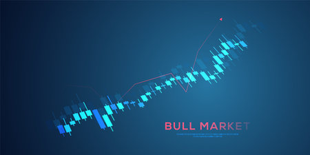 candles stick of trading graph, bar chart on blue background, and bull Stock market trending and forex technical trade concept design, vector illustration.のイラスト素材
