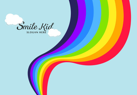 Beautiful waving rainbow abstract, and rainbow banner with soft clouds and text, rainbow Template for kid concepts vector illustrationの写真素材