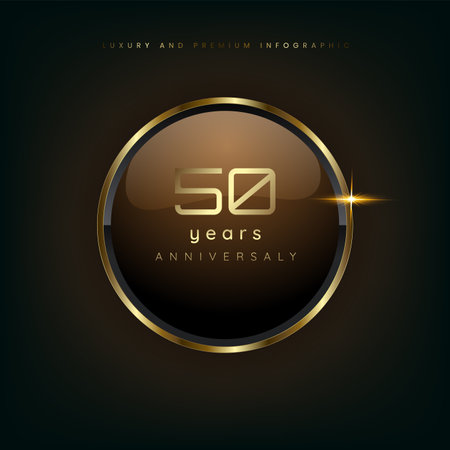 50 years gold button shiny metallic, celebration premium buttons and luxury banner on dark background use as luxury button vector illustrationのイラスト素材
