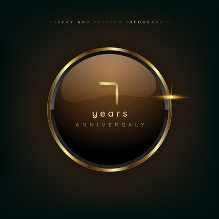 7 years gold button shiny metallic, celebration premium buttons and luxury banner on dark background use as luxury button vector illustrationのイラスト素材