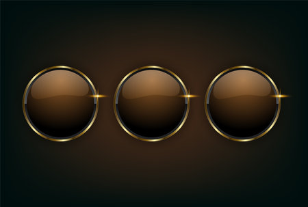3 gold buttons shiny metallic, celebration premium buttons and luxury banner on dark backgroundのイラスト素材