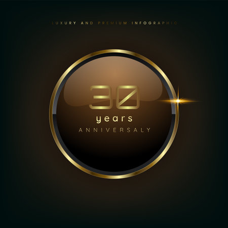 30 years gold button shiny metallic, celebration premium buttons and luxury banner on dark background use as luxury button vector illustrationのイラスト素材