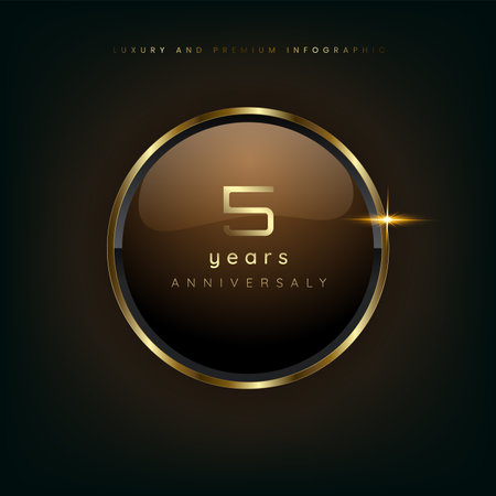 5 years gold button shiny metallic, celebration premium buttons and luxury banner on dark background use as luxury button vector illustrationのイラスト素材
