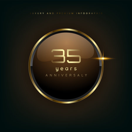 35 years gold button shiny metallic, celebration premium buttons and luxury banner on dark background use as luxury button vector illustrationのイラスト素材