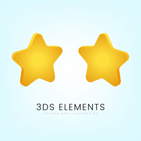 Two yellow stars on blue gradient background. Customer rating feedback star concept from client about employee of website. Realistic 3d design. Vector illustrationのイラスト素材