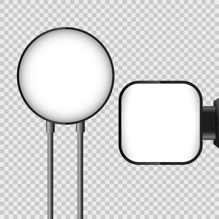 Two of circle square signage light box billboard. Vector black metal square lightbox, a sign box mockup for brand design templateのイラスト素材