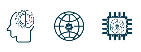 an artificial intelligence icon set of three lines style, machine learning, smart robotic and cloud computing network digital AI technology conceptsのイラスト素材