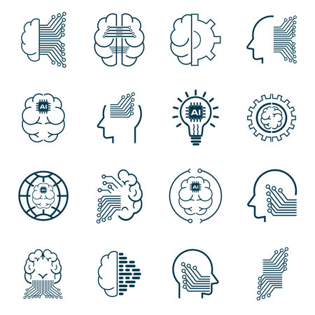 Artificial intelligent icons set. Collection of high quality AI symbols groups, modern flat icons style, set of AI icons for learning symbol for web design on white backgroundのイラスト素材