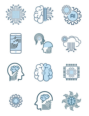 Set of Artificial Intelligence Related Vector Line Icons. Contains such Icons as Face Recognition, Algorithm, Self-learning style. Editable Stroke designのイラスト素材