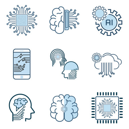Set of Artificial Intelligence Vector Line Icons, Face Recognition, Android, Humanoid Robot, Thinking Machine. Editable Stroke vectorのイラスト素材