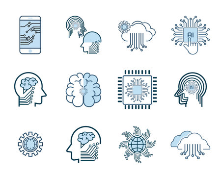 Set of Artificial Intelligence-AI icons, symbols vector design, vector Line Icons, Face Recognition, Android, Humanoid Robot, Thinking Machine. Editable Strokeのイラスト素材