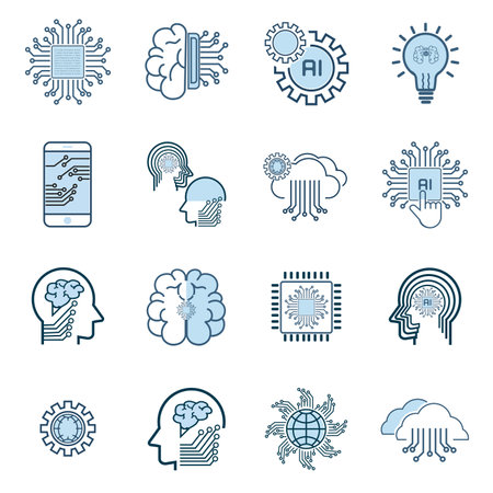Group of icons of artificial intelligence opporatating system, AI circutes line style icons, clouds, world, brain, mobile and idea machine in set, modern AI smart, robotic and cloud computing network digital AI technology vector illustrationの写真素材